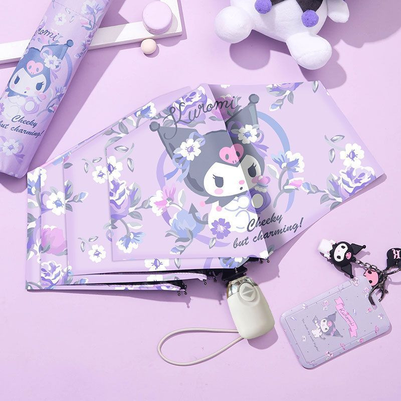 hellokitty Cute Katie Three-fold Full-automatic Umbrella Women's Sunshade and Sunscreen Black Rubber Sun Umbrella