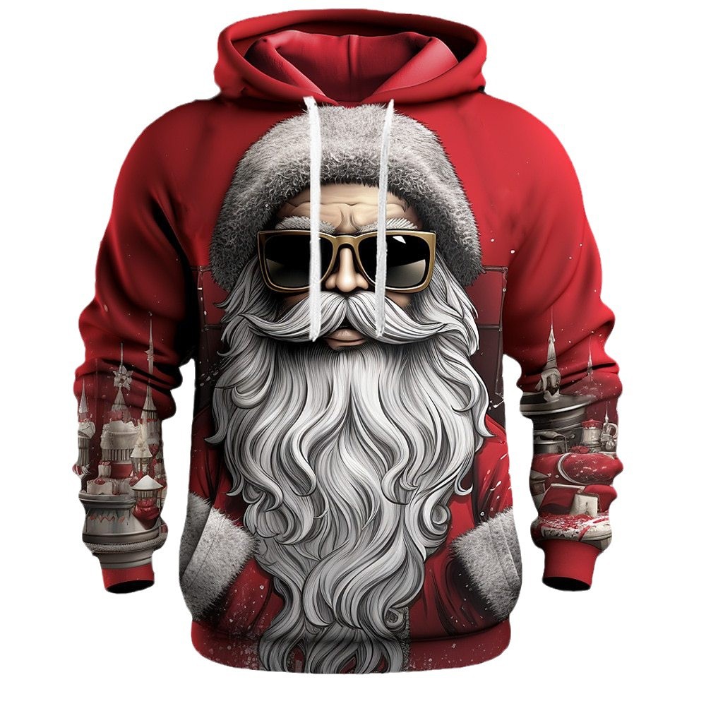 Sweat-shirt à capuche avec cordon de serrage et poche plaquée pour homme, vêtement ample pour le printemps et l'automne, impression 3D amusante du Père Noël_voghion.com