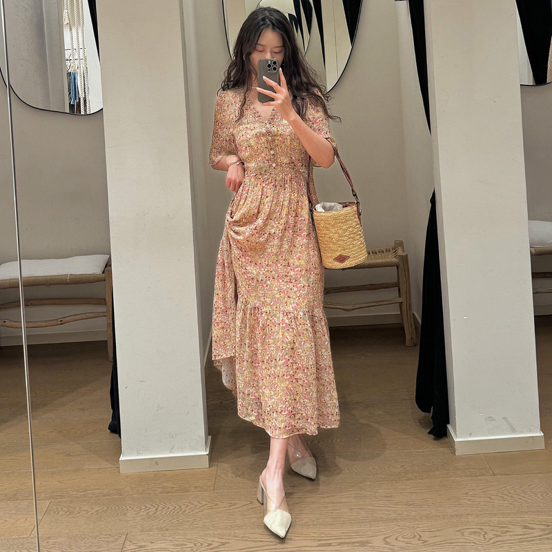Bs26 Spring and Summer Windsor Manor Rose French Floral Chiffon Dress Vacation Style V-Neck Long Dress 1E25Lari