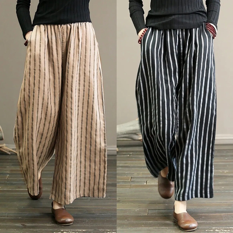 Artistic Cotton-Linen Striped Wide-Leg Pants Summer 2026 New Women's Plus-Size Slimming Drapey Casual Straight-Leg Cropped Pants Trendy