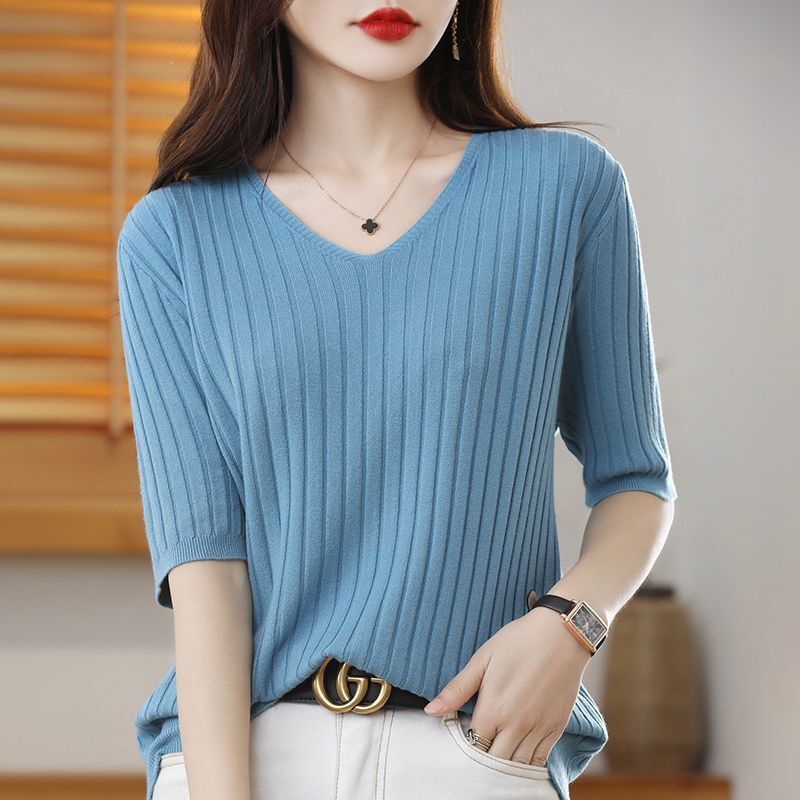 V-neck bottoming sweater women's simple all-match mid-sleeve sweater spring and autumn thin inner and outer T-shirt half-sleeve top women