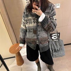 秋季上新费尔岛提花开衫毛衣女复古宽松慵懒风百搭外套针织上衣