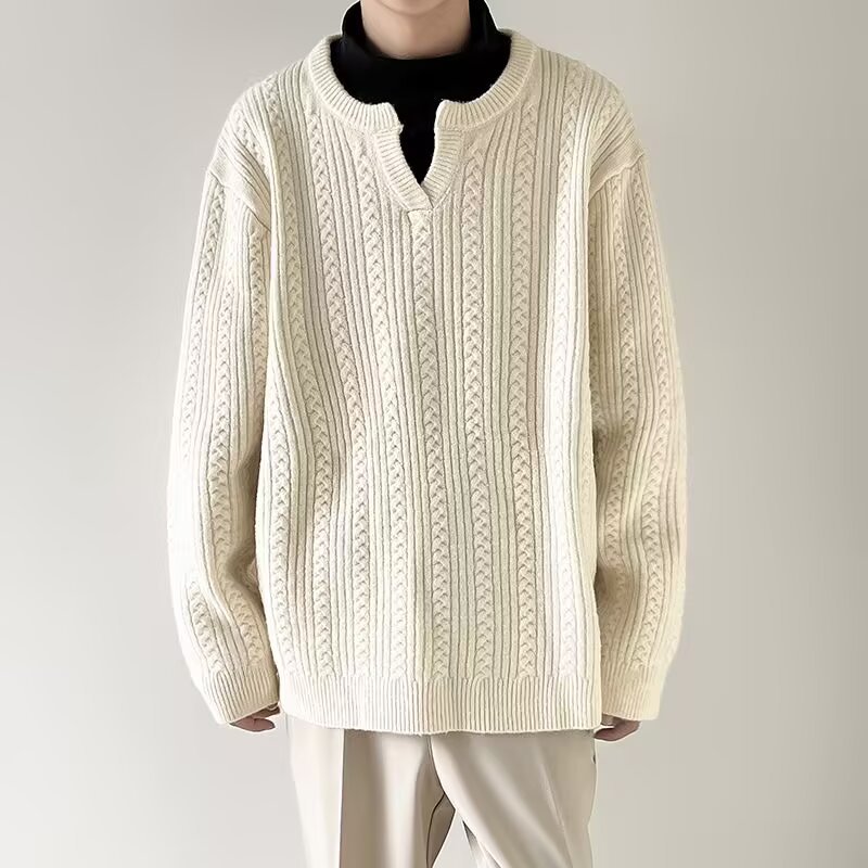 Pull en tricot à col en v pour homme en mélange coton hiver_voghion.com