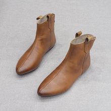 软皮2023秋冬季新款尖头时尚平跟短筒靴 复古后拉链纯色切尔西靴