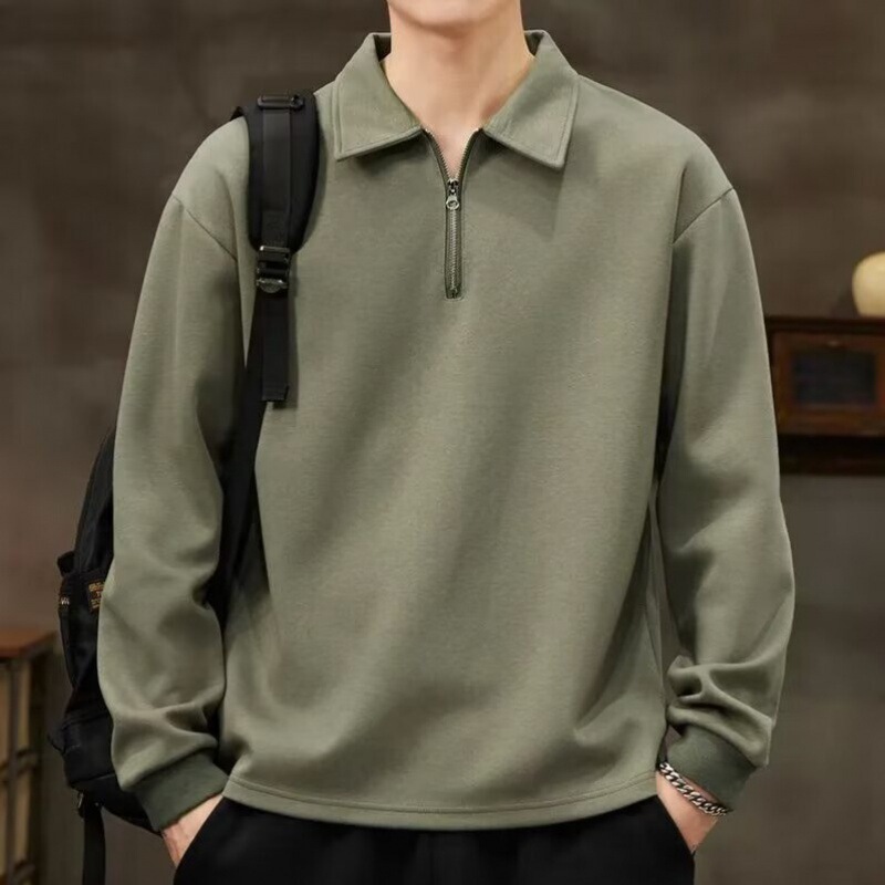 Half Zipper Solid Color Sweater Men's Spring and Autumn New Fashion Brand Retro Loose Fashion Lapel PoLo Shirt Long Sleeve Top
