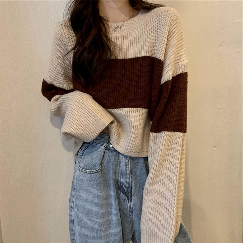 Suéter con estampado de cangrejo de cinco colores para mujer, nuevo estilo de primavera y otoño, jersey holgado, estilo retro informal, top corto a rayas para mujer.