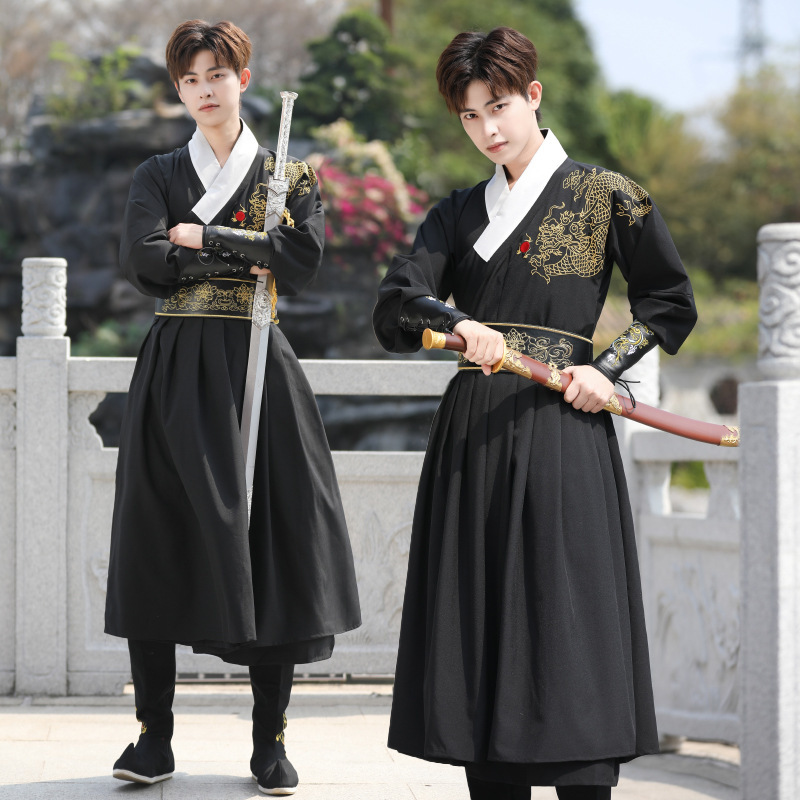 Chinese Style Ming Made Jinyiwei Flying Fish Clothing Original Dragon Pattern Antique Improved Traditional Hanfu Men's Costsize Black Full Set