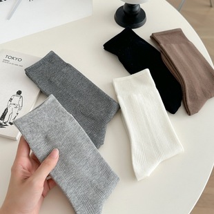 Autumn and Winter New Solid Color Double-Needle Simple Versatile Vertical Stripe Double-Needle Slouch Socks Wholesale College Style Women's Socks