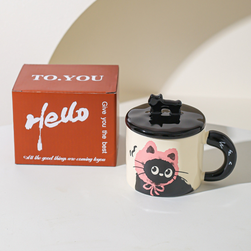 Cute gato gato taza de oficina taza de cerámica con taza de agua cubierta regalo pareja acompañante caja de regalo creativa de cumpleaños
