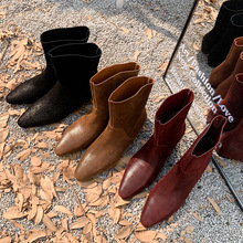 真皮复古安可拉红短靴女秋冬新款内半高瘦瘦靴气质短筒时髦靴子绒