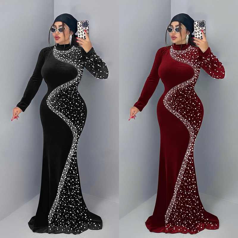 C7616 Cross-Border Aliexpress Amazon European and American Fashion Women's Elegant Velvet Rhinestone Dress Dress