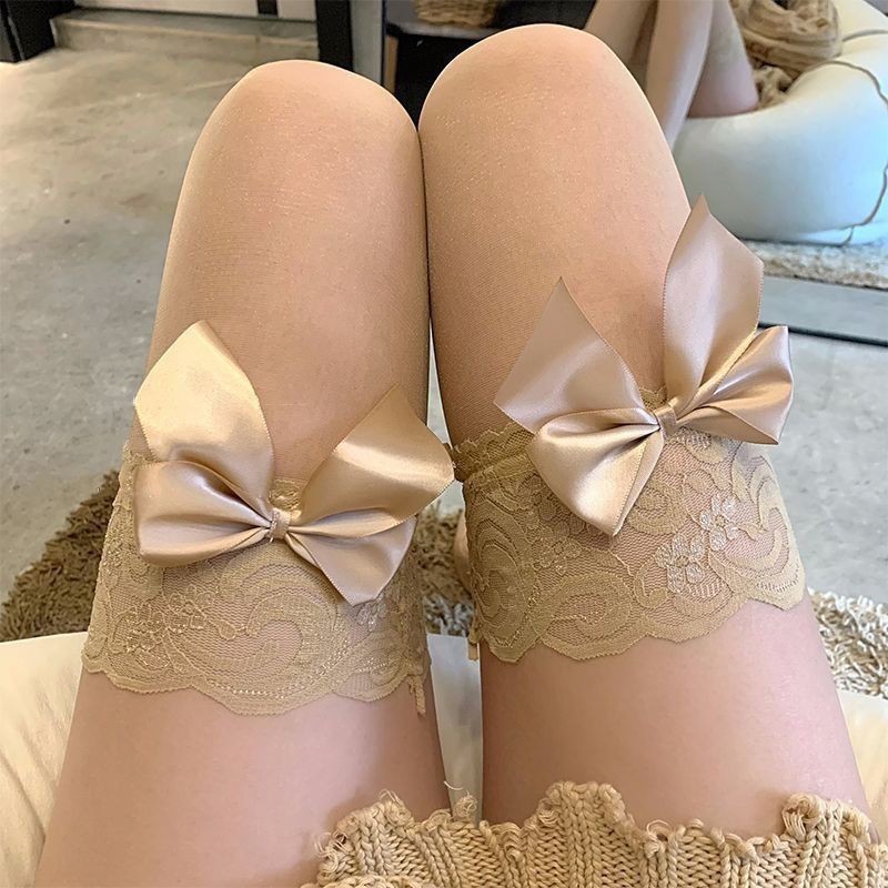 玫红蕾丝花边丝袜过膝袜薄款夏季女蝴蝶结长筒丝袜短款纯欲丝袜|undefined
