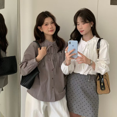 苏珊 文艺风法式圆领花边系带长袖衬衣女气质设计感休闲上衣TW719