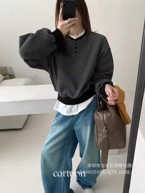 琪镌绘制秋季新款立体肌理纹温柔条纹卫衣女宽松圆领长袖上衣6608|undefined