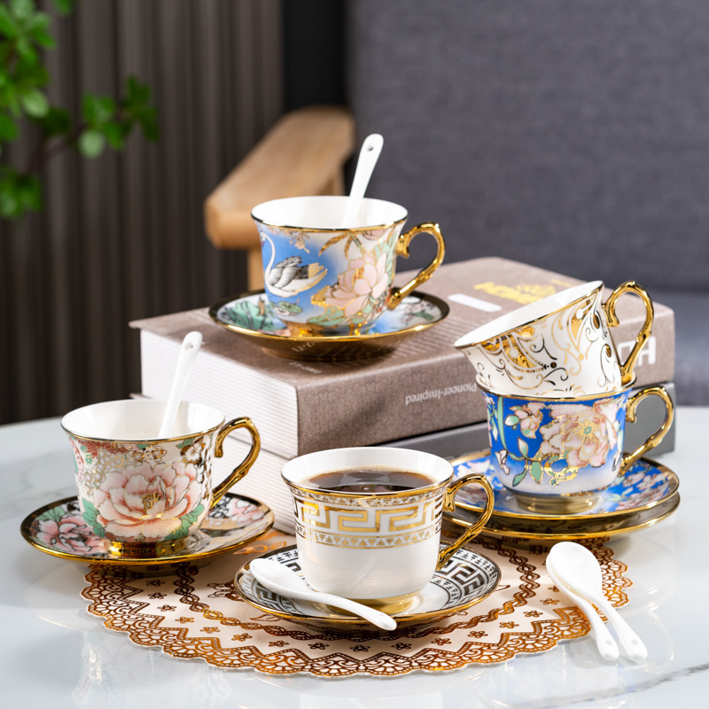 Ceramic Coffee Set European Style Gold-Rimmed Coffee Cup Light Luxury Afternoon Tea Cup Home Beauty Salon High-Value Flower Tea Cup and Saucer