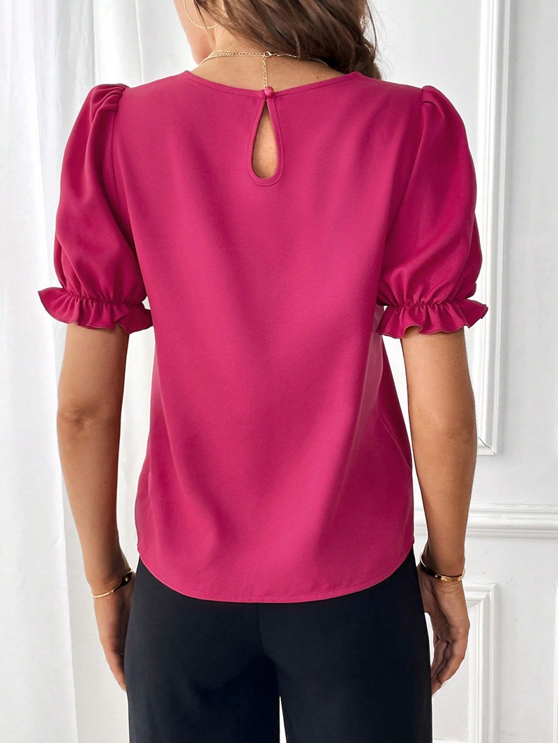 203g Weight Short Sleeve Sleeve Length Pullovers Placket Type Bishop Sleeve Sleeve Type Polyester Fabric Type Regular Top Length Blouse Tops Type Daily Occasion Round Neck Neckline Regular Fit Fit Type Solid Color Pattern Summer, Spring Season Women's Gender Elegant, Streetwear Style Wholesale Women's Elegant Streetwear Solid Color Short Sleeve Blouses 46