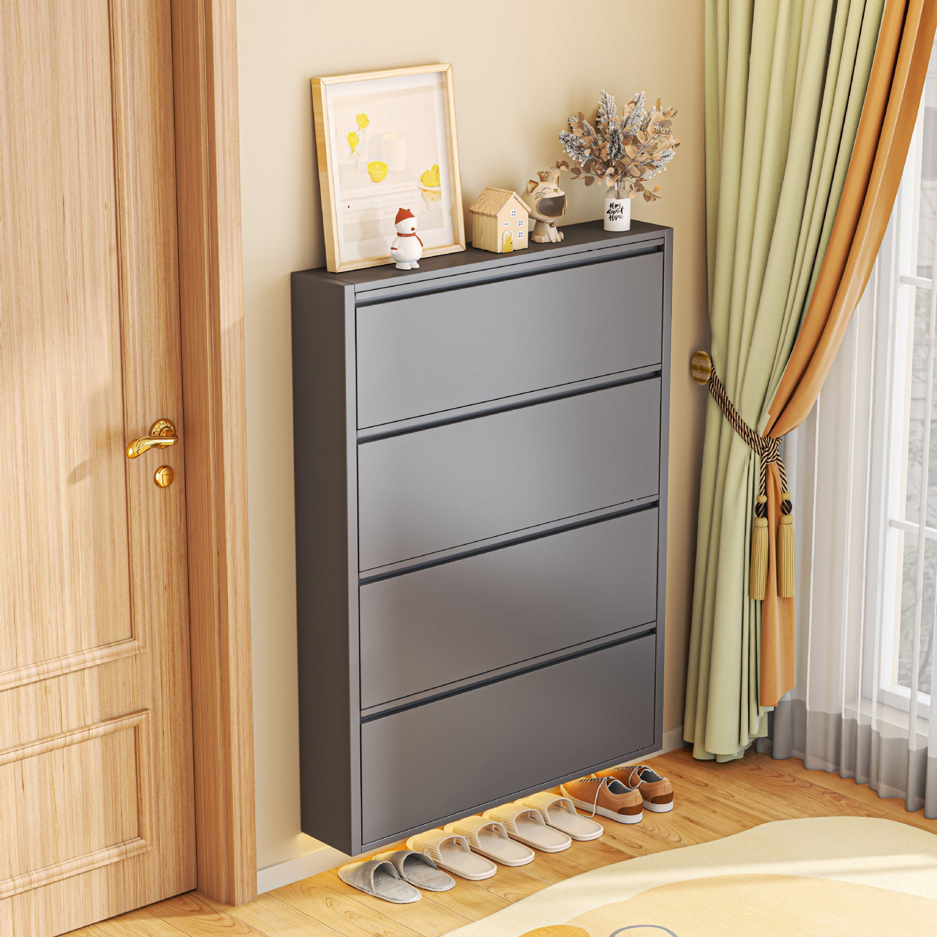 10cm Steel Tipping Bucket Shoe Cabinet Integrated Wall-Mounted Small Household Entryway Extremely Narrow Shoe Rack Entrance Cabinet