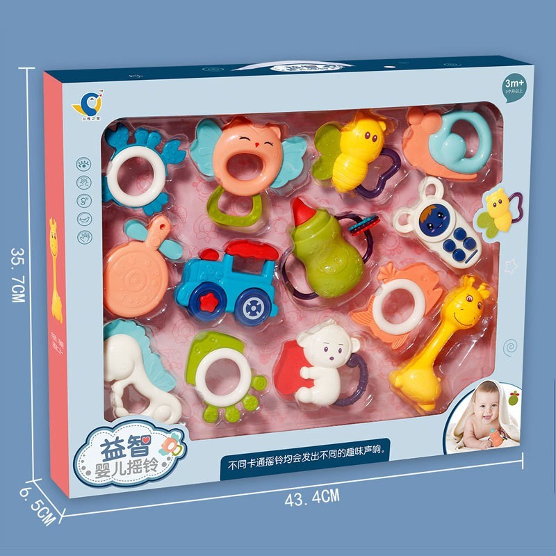 Juego de sonajeros para recién nacidos, caja de regalo con campana para cuna, mordedor, juguete masticable de goma suave para bebés, educación temprana, venta al por mayor para tiendas de maternidad y bebés.