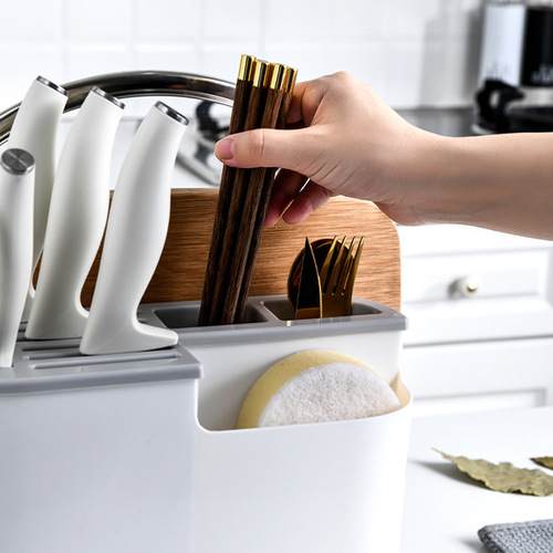 Multifunctional knife holder, chopping board, integrated kitchen supplies storage rack with chopstick barrel, kitchen knife holder, pot lid, knife holder