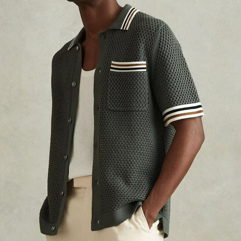 Camiseta polo con solapa de manga corta camiseta de punto hombre Cardigan agujerado retrógrado rayas viejas camisetas de estilo de dinero comercio exterior transfronterizo mayorista