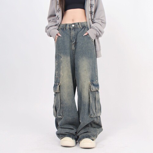 American High Street Citboy Washed Denim Men's Large Pocket Work Straight Leg Pants Spring and Autumn Trend Brand Loose Straight Leg Pants
