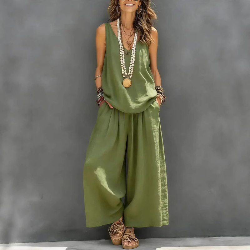 European and American Cross-Border Amazon Independent Site Foreign Trade Women's Solid Color Casual Sleeveless Vest and Wide-Leg Pants Cotton-Linen Set European and American Cross-Border Amazon Independent Site Foreign Trade Women's Solid Color Casual Sleeveless Vest and Wide-Leg Pants Cotton-Linen Set