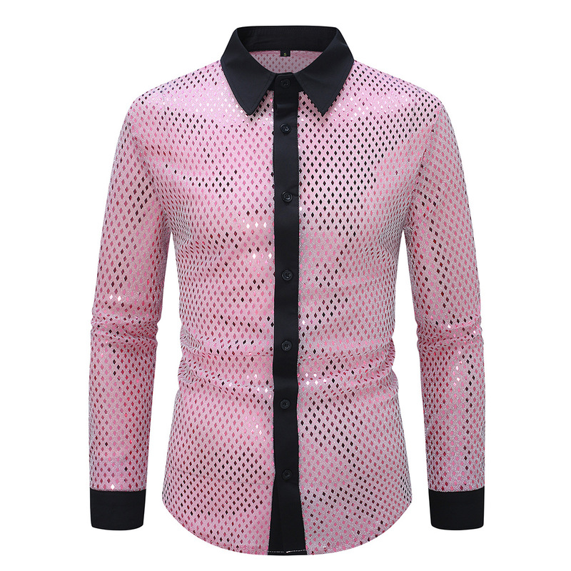 2025 Cross-Border New European and American Men's Sequin Cut Out Shirt Novelty Nightclub Party Long-Sleeved Shirt