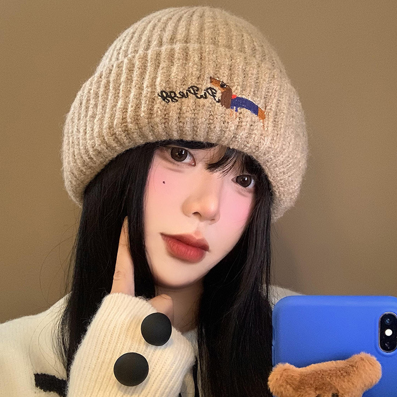 韩系可爱小狗针织帽子女秋冬季白色百搭加厚保暖防寒护耳套头冷帽|undefined