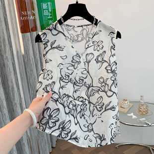 Literary Retro V-Neck Ink Painting Sleeveless Shirt 2025 Summer Unique Age-Reducing Versatile Comfortable Light Vest for Women