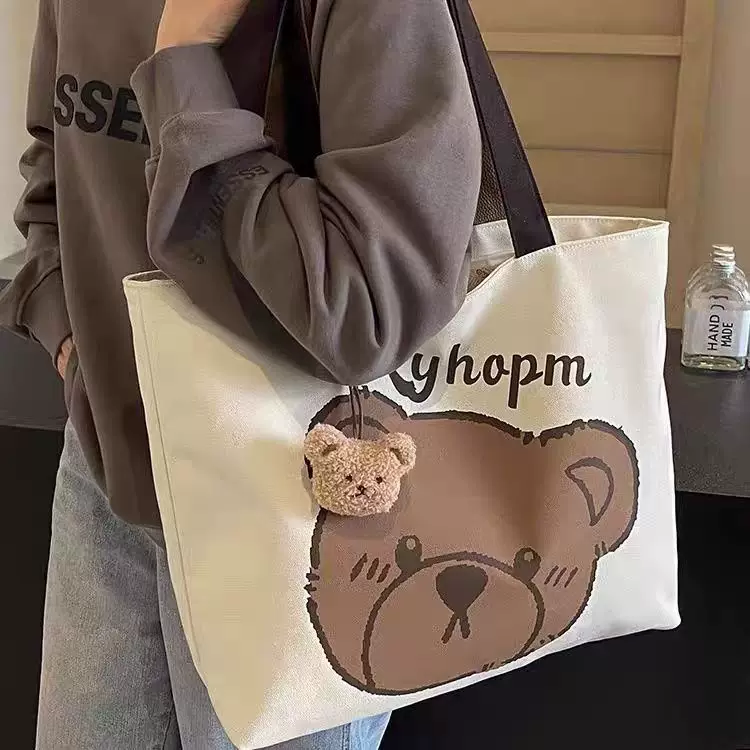 Shoulder Tote Bag, Large Linen Canvas, Cute Bear Print, One-Shoulder Pocketable