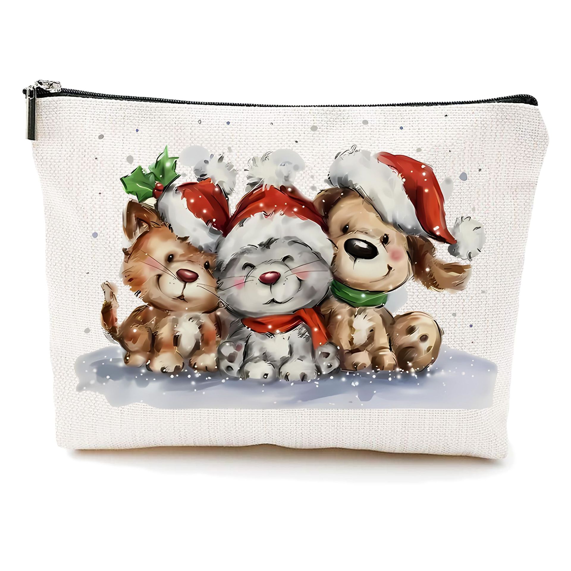 Bolsa de maquillaje transfronteriza de Amazon damas bolsas de maquillaje de patrón creativo de Navidad bolsas de almacenamiento de lino bolsa de cremallera impermeable