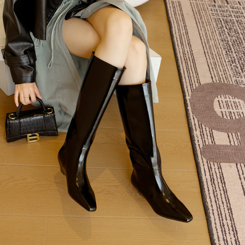 Autumn 2024 Black Thick Leg Knight Boots Women's Mid-Heel Genuine Leather Top Layer Cowhide Designer Wide Boots Women's