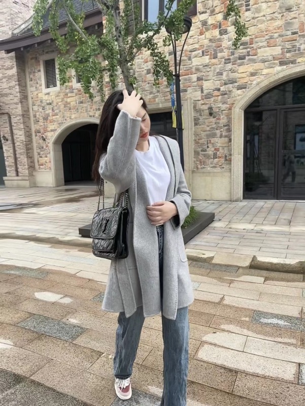 AB面中长款腰带双面羊绒大衣 加厚大口袋连帽系带保暖羊毛呢外套|undefined