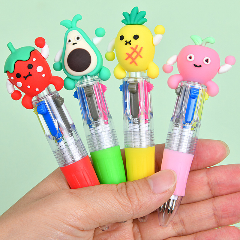 Caricatura de fruta encantadora mini bolígrafo de cuatro colores multicolor en uno bolígrafo de cuentas de mano de color para estudiantes premios papelería al por mayor