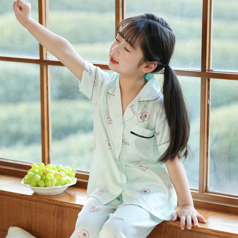 Summer silk pajamas emerald green little sober cute girl bear suit short sleeve trousers homewear