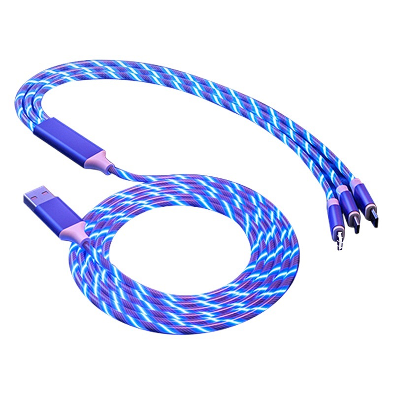 Streamer de uno a tres cable de datos LED de luz suave de tres en uno de múltiples cabezales teléfono móvil fresco carga rápida cable de carga empuje regalo