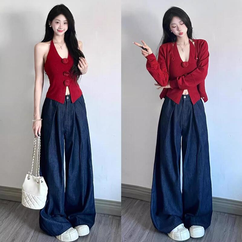 Korean Spice Girls suit Early Autumn Pure Long Sleeve Knitted Cardigan Flower Vest High Waist Denim Wide Leg Pants Three-Piece Set