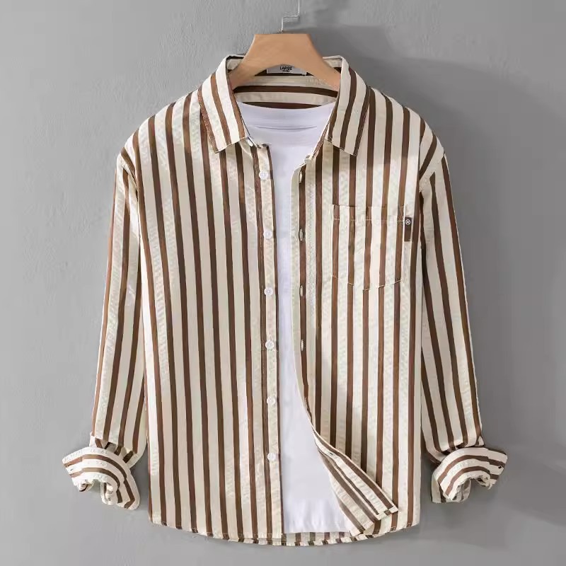 Business Plaza Liquidation Ice Silk Striped Long Sleeve Shirt Summer Luxury Streetwear Clash Color Simple Men's Casual All-Match Shirt