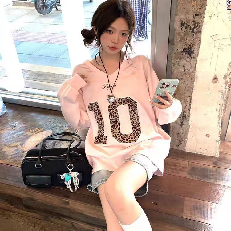 Fashionable American Pink V Neck Jersey Long-Sleeved T-Shirt for Women Spring 2025 New Oversize Leopard Print Top