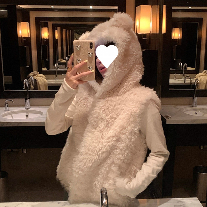 Little Bear Ears Fur-Integrated Hooded Vest 2026 Spring/Winter New Lamb Wool Fleece Vest