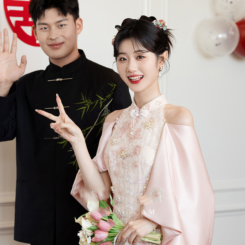 Toast Dress Pink Cheongsam Spring and Autumn New Chinese Engagement Dress Elegant High-class Bride Wedding Morning Gown Women