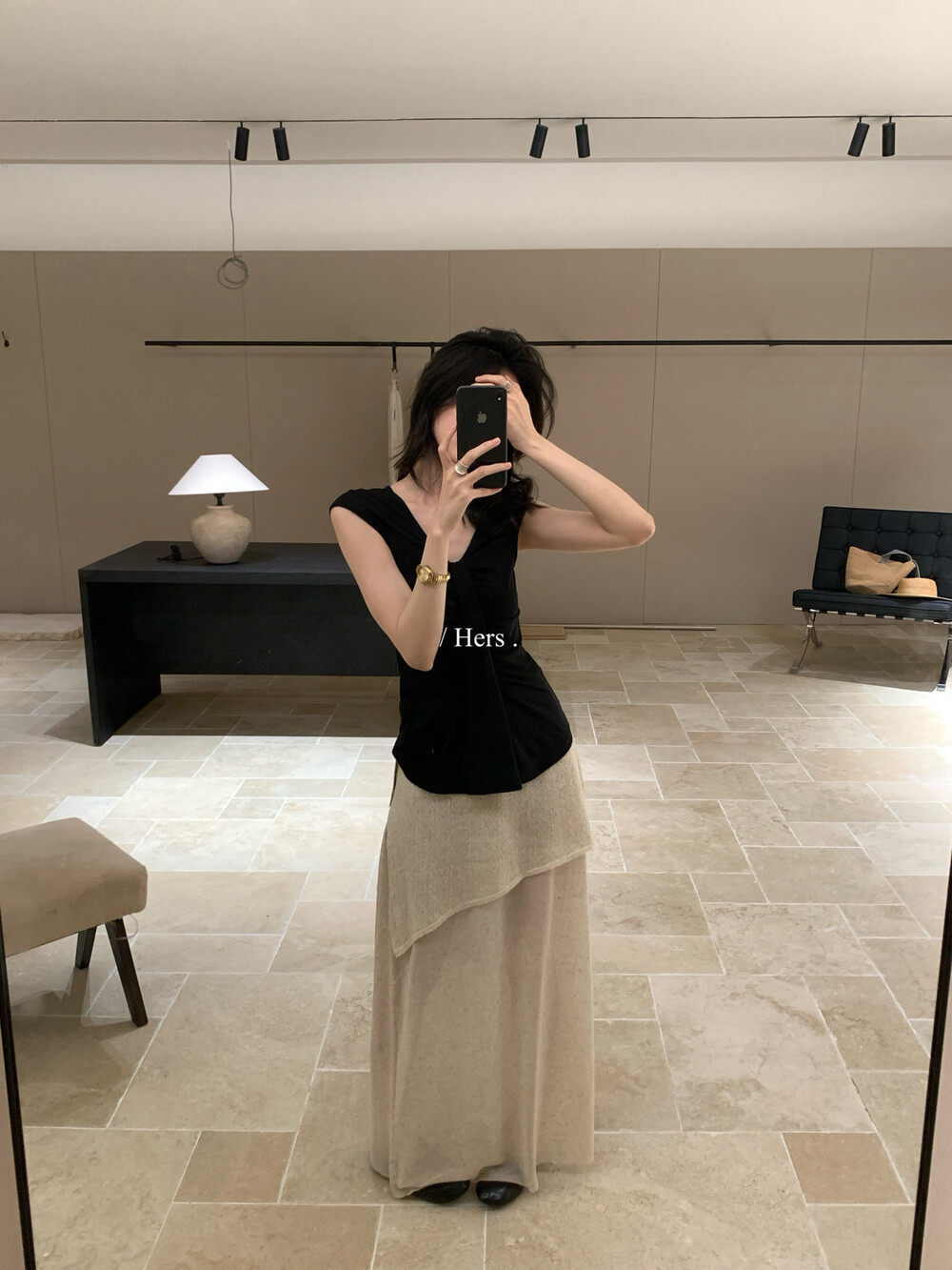 Chân váy chữ A nữ cạp cao phối ren lưới xuyên thấu dáng dài bất đối xứng — Xám cacbon, yến mạch chi tiết 14