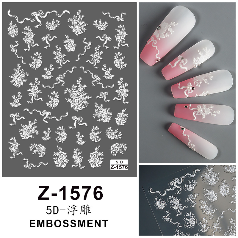 Cross-Border Popular Ins New 5D Embossed Nail Art Stickers Black and White Bow Flower Stereo Nail Stickers Z1577