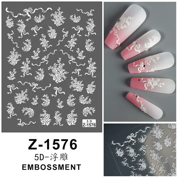 Cross-Border Popular Ins New 5D Embossed Nail Art Stickers Black and White Bow Flower Stereo Nail Stickers Z1577