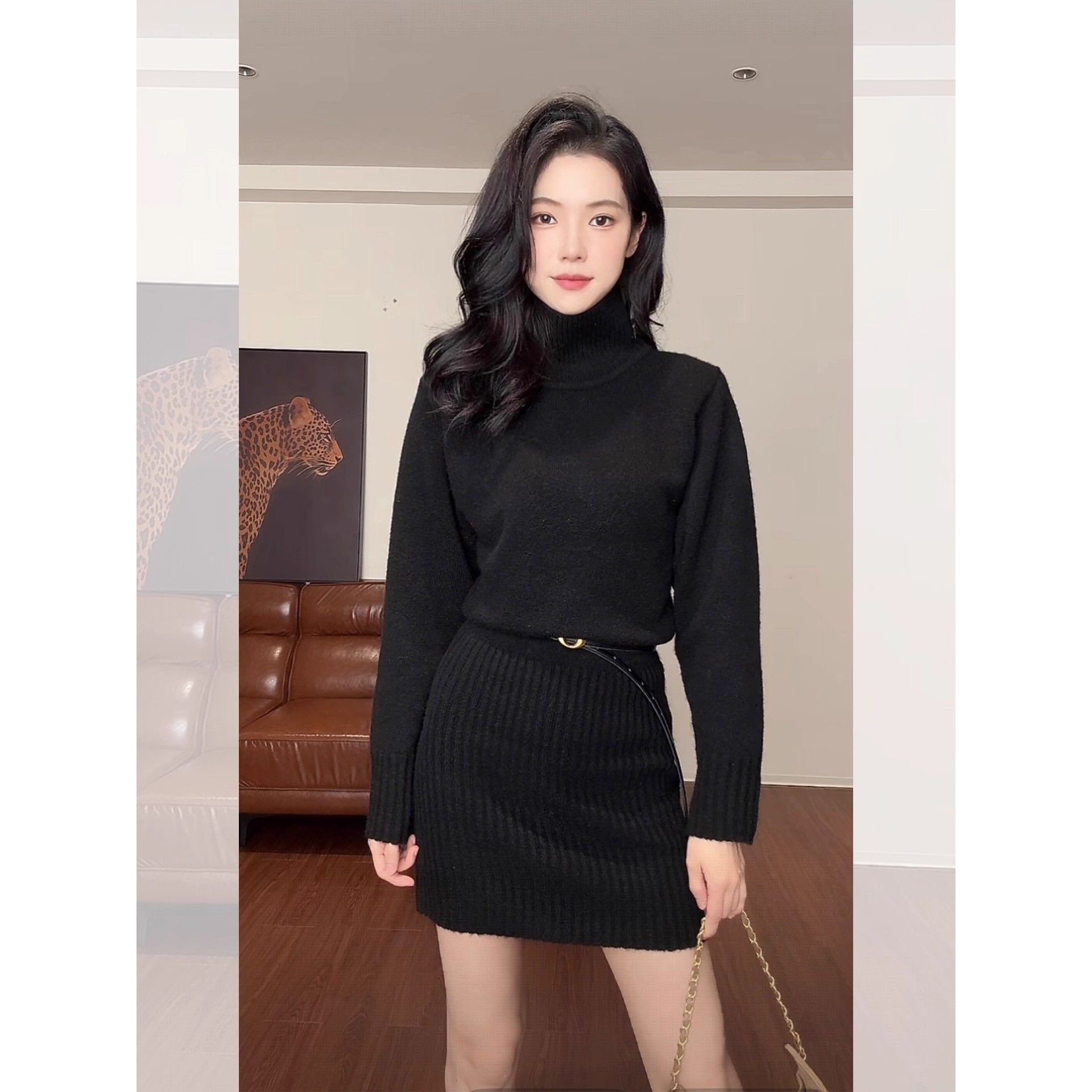 여성 가을 겨울 슬림핏 니트 원피스 하이넥 긴팔 하객룩 코트 이너 미디원