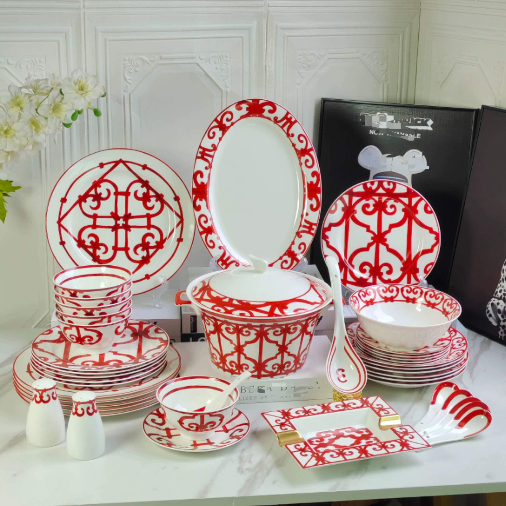 Red tableware, ceramic gift box, set, dinner plate, European style