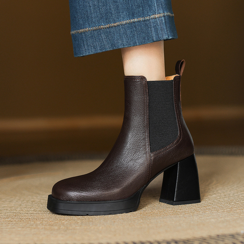 Boot Chelsea cổ ngắn mũi vuông da dê mềm, gót dày platform, phong cách cổ điển, dáng slip-on thu đông — nhung đen, Nhung nâu, Lớp lót đơn màu đen, Lớp lót đơn màu nâu