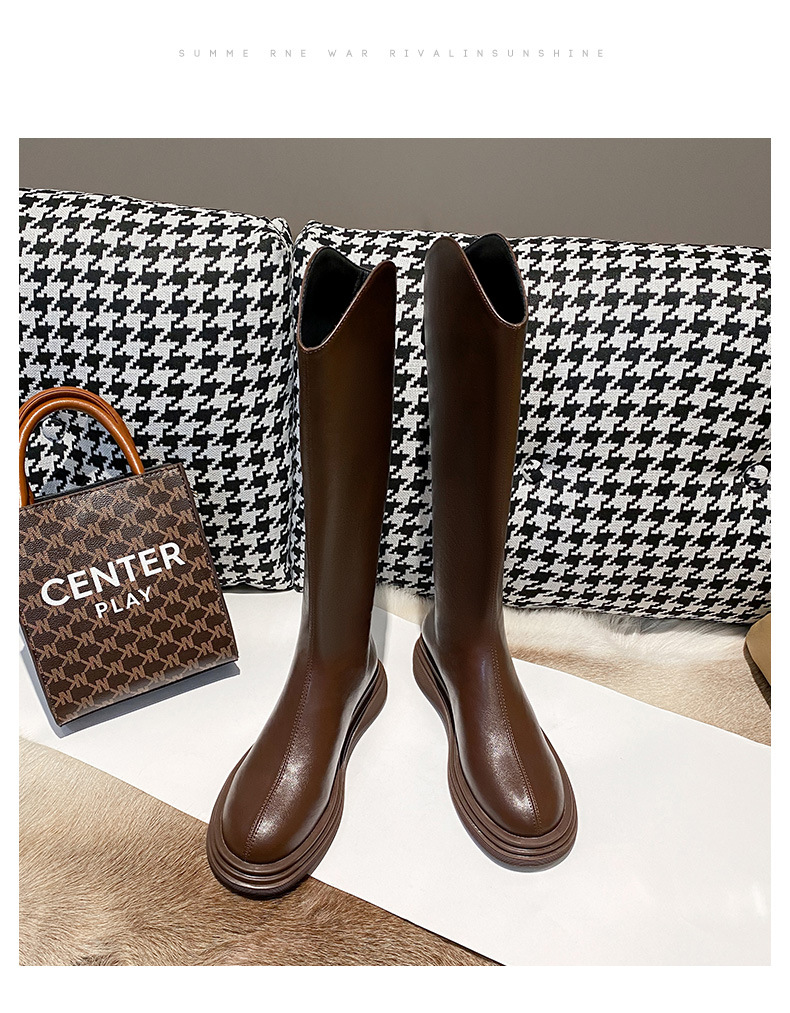 Brown Leather Women's Ankle Boots With V-cut And Thick Sole_voghion.com
