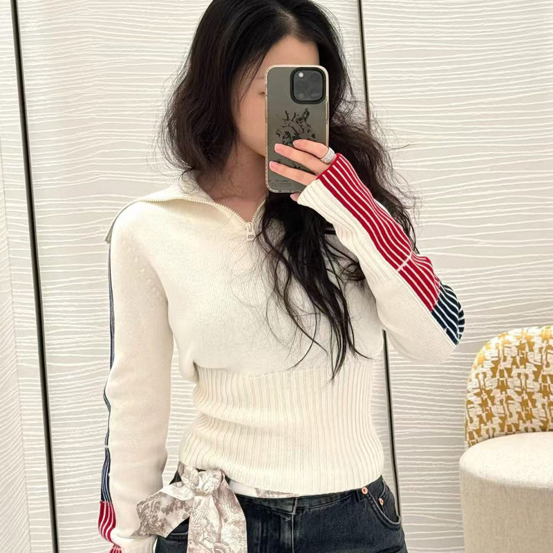 Nanyou Haute Couture D's New Cream-Colored Zippered Navy Collar Striped Knit Sweater Made of Sheep Wool and Cashmere