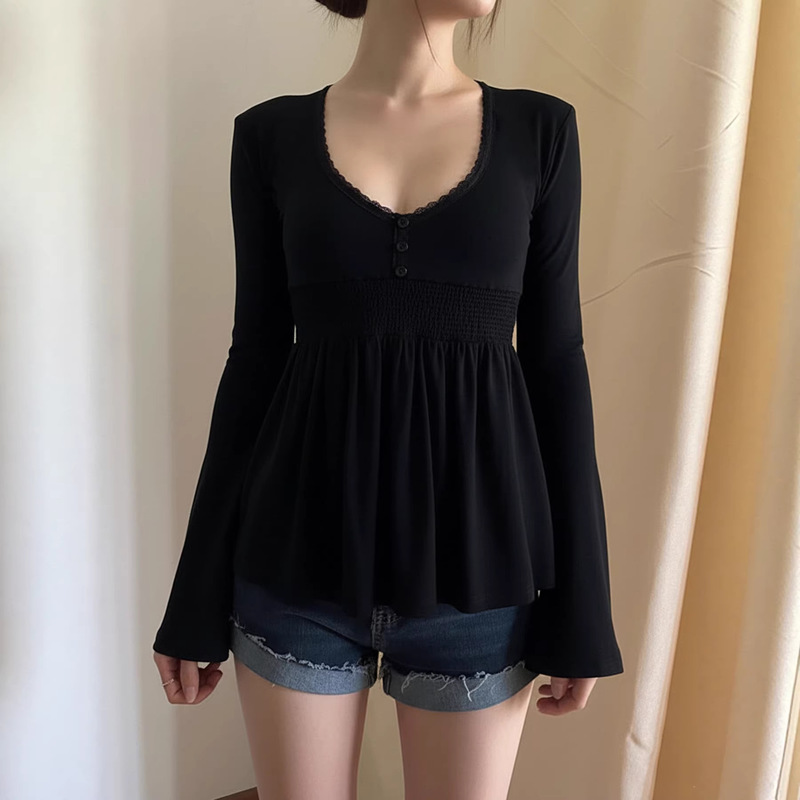 Sexy Feminine Style Lace Patchwork Low-Cut Flared Long-Sleeve T-Shirt Vintage Niche Youthful Hem Doll Shirt Top Sexy Feminine Style Lace Patchwork Low-Cut Flared Long-Sleeve T-Shirt Vintage Niche Youthful Hem Doll Shirt Top